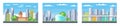 City buildings. Downtown pixelated cityscape set. Scenery skyline. Suburban pixel town silhouette