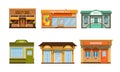 City Buildings Facades Collection, Cafe, Supermarket, Score, Bakehouse Vector Illustration