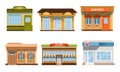 City Buildings Facades Collection, Pizzeria, Fresh Fish, Score, Bakehouse Vector Illustration Royalty Free Stock Photo