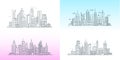 City buildings linear icons set. Skyscrapers, urban street with various structures thin line contour symbols on gradient Royalty Free Stock Photo