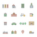 City (buildings) multicolored icons set. Simple outline design.