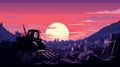 Sunset Cityscape With Bulldozer: Dark Palette And Vibrant Illustrations