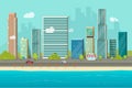 City buildings from sea beach view vector illustration, flat cartoon high city skyscraper buildings on seafront, modern