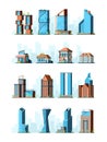 City buildings. Skyscraper street houses groceries village constructions vector 2d low poly game buildings