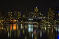 City buildings and stadium lights reflection on water