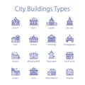 City buildings types set, bank, school, hospital