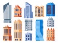 City buildings. Urban office exterior, living house building and apartment house isolated vector icons set