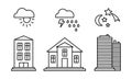 City buildings and with weather icons, sunny, rainy weather, day, night linear vector Illustration on a white background