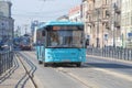 City bus of the LiAZ-5292 moves along the dedicated lane of Ligovsky prospect