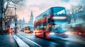 City bus motion blur with beautiful traffic lights and reflections. Commuting and city life concept
