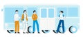 City bus passengers. Public bus station, people waiting bus at public transport staton flat vector illustration on white