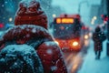 City bus in snow Passengers bundled up during a winter commute