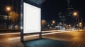 At a city bus stop, a blank white vertical digital billboard poster stands illuminated at night, Ai Generated Royalty Free Stock Photo