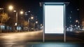 At a city bus stop, a blank white vertical digital billboard poster stands illuminated at night, Ai Generated Royalty Free Stock Photo