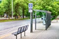 City bus stop, empty stop with signs, public transport