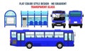 City Bus and Bus stop, side front and back view. Flat color style vector illustration. Blue color