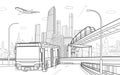 Outline city illustration. Bus moving on highway. Railroad bridge. Car overpass. Train rides. City Infrastructure