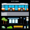 City bus transport vector flat icons set with public transport stop, bench, lamp post, urn, tickets, phone navigation Royalty Free Stock Photo