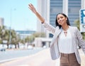 City, business woman and calling for a taxi in the street to travel or commute to work in the morning. Happy, young and Royalty Free Stock Photo