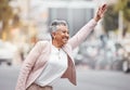 City, business woman and taxi gesture in street, traveling or morning commute to work. Female executive, hands and cab Royalty Free Stock Photo