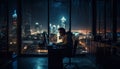 City businessman using laptop at skyscraper office generated by AI
