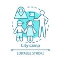 City camp concept icon. Summer urban children club, holiday pastime idea thin line illustration. Exploring town