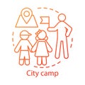 City camp concept icon. Summer urban children club, holiday pastime idea thin line illustration. Exploring town
