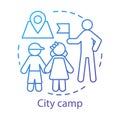 City camp concept icon. Summer urban children club, holiday pastime idea thin line illustration. Exploring town