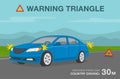 Country car driving. Hazard or Warning triangle placement. Red breakdown triangle stands near broken car on road side. Royalty Free Stock Photo