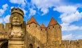 Portrait of Dame Carcas, at the entrance to the City of Carcassonne. Royalty Free Stock Photo