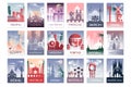 City cards set, landscape template of flyer, poster, book cover, banner, Berlin, Paris, Tokyo, Istanbul, Brussels, New