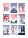 City cards set, landscape template of flyer, poster, book cover, banner, Berlin, Paris, Tokyo, Istanbul, Brussels, New