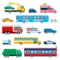 City cars. Passenger car, ambulance, truck, bike, taxi, police car, school bus, fire engine. Flat urban public transport
