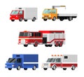 City cars vector icons set. Ambulance, fire truck, mail truck, tow truck, crane, truck