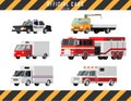 City cars vector icons set. Ambulance, police, fire truck, mail truck, tow truck, crane, truck