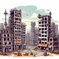 City Cartoon With Empty Destroyed Living Buildings