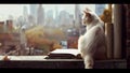 City cat sitting on a windowsill in autumn with an open book