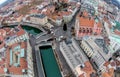 City center of Ljubljana with the river Ljubljanica and the triple bridge Tromostovje, Slovenia Royalty Free Stock Photo