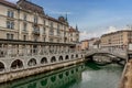 City center of Ljubljana with the river Ljubljanica and the triple bridge Tromostovje, Slovenia Royalty Free Stock Photo