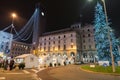 City center at night with Christmas tree, lights and typical market. Varese, Italy Royalty Free Stock Photo