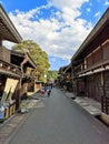 City center of the old traditional Japanese mountain town Takayama in Gifu prefecture with authentic wooden buildings