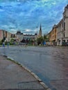 City center sky blue road rain