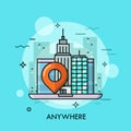 City center with skyscrapers, laptop screen and location mark. Business tourism and trips, online travel service concept Royalty Free Stock Photo