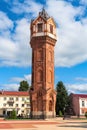 Russia, Staraya Russa, August 2021. Vertical view of the water tower in the central square.