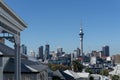 City central business district and landmark Skytower in distance viewed from Ponsonby across roof tops of villa homes in