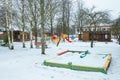 Kindergarten and sandbox to winter. Urban city view. Winter and snow. Travel photo 2018