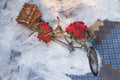 Old retro tandem bicycle and christmas decors, red flowers. Travel photo 2018. december