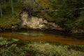 City Cesis, Latvia. Old sand cave and green moss.Travel photo