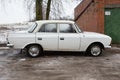 In ussr made old white car, moskvich 2140. Travel photo 2018