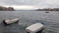 The city of Chalkida, Greece with two boats in front Royalty Free Stock Photo